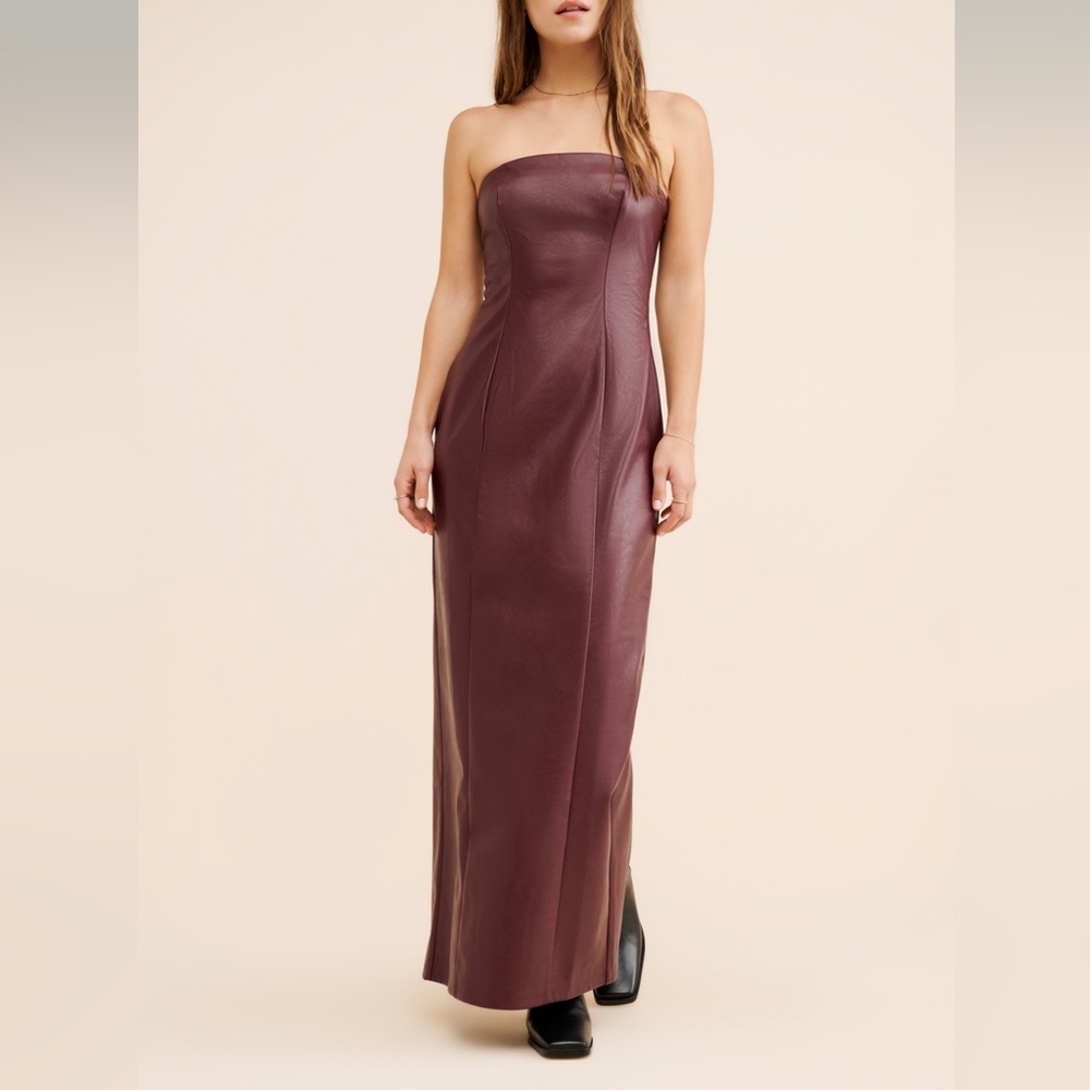 Strapless Faux-Leather Maxi Dress in Burgundy